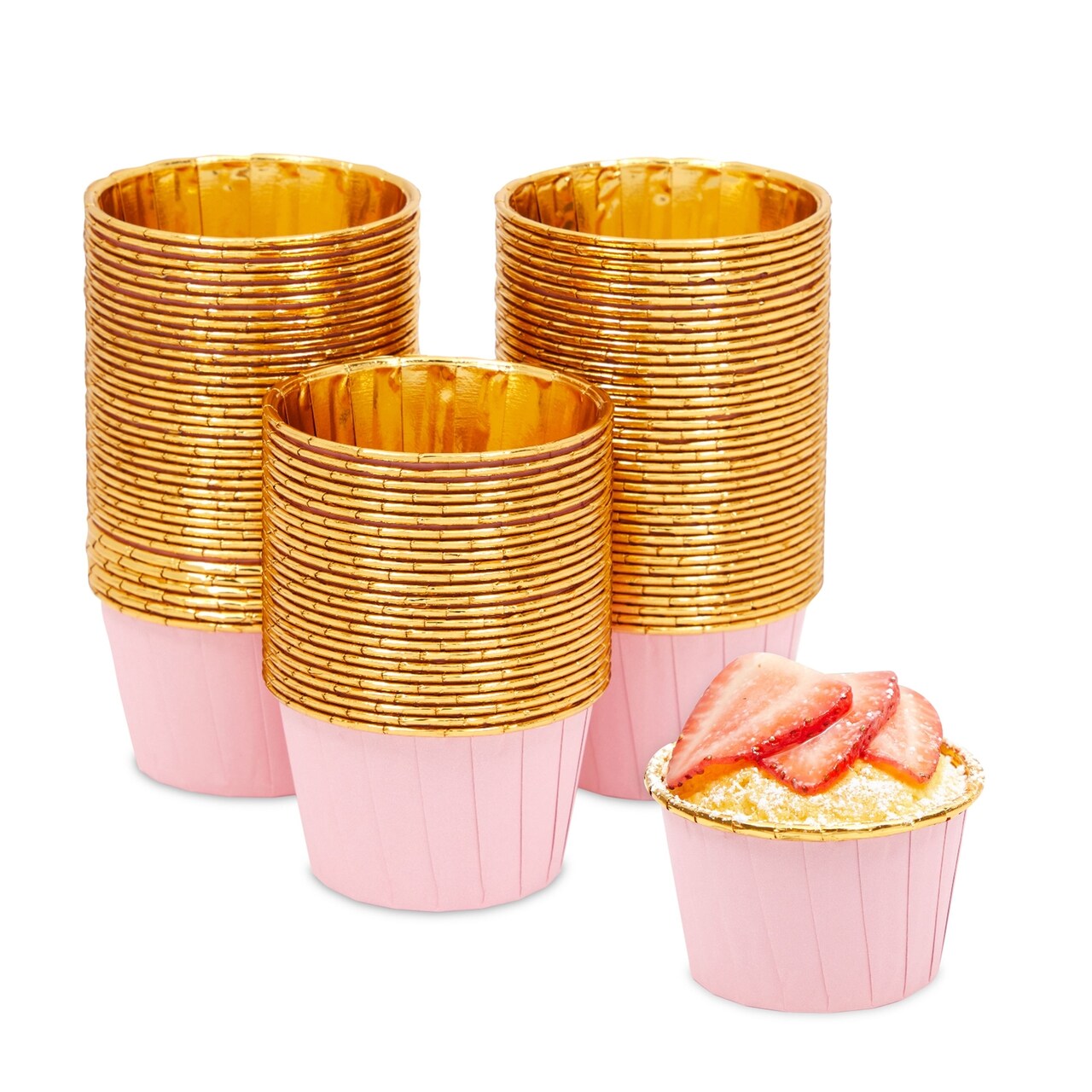 100 Pack Gold Aluminum Foil Cupcake Liners, 2.75x1.5-Inch Pink Colored Baking Cups for Muffins and Baked Desserts, Small Goodie Containers for Loose Nuts and Candies